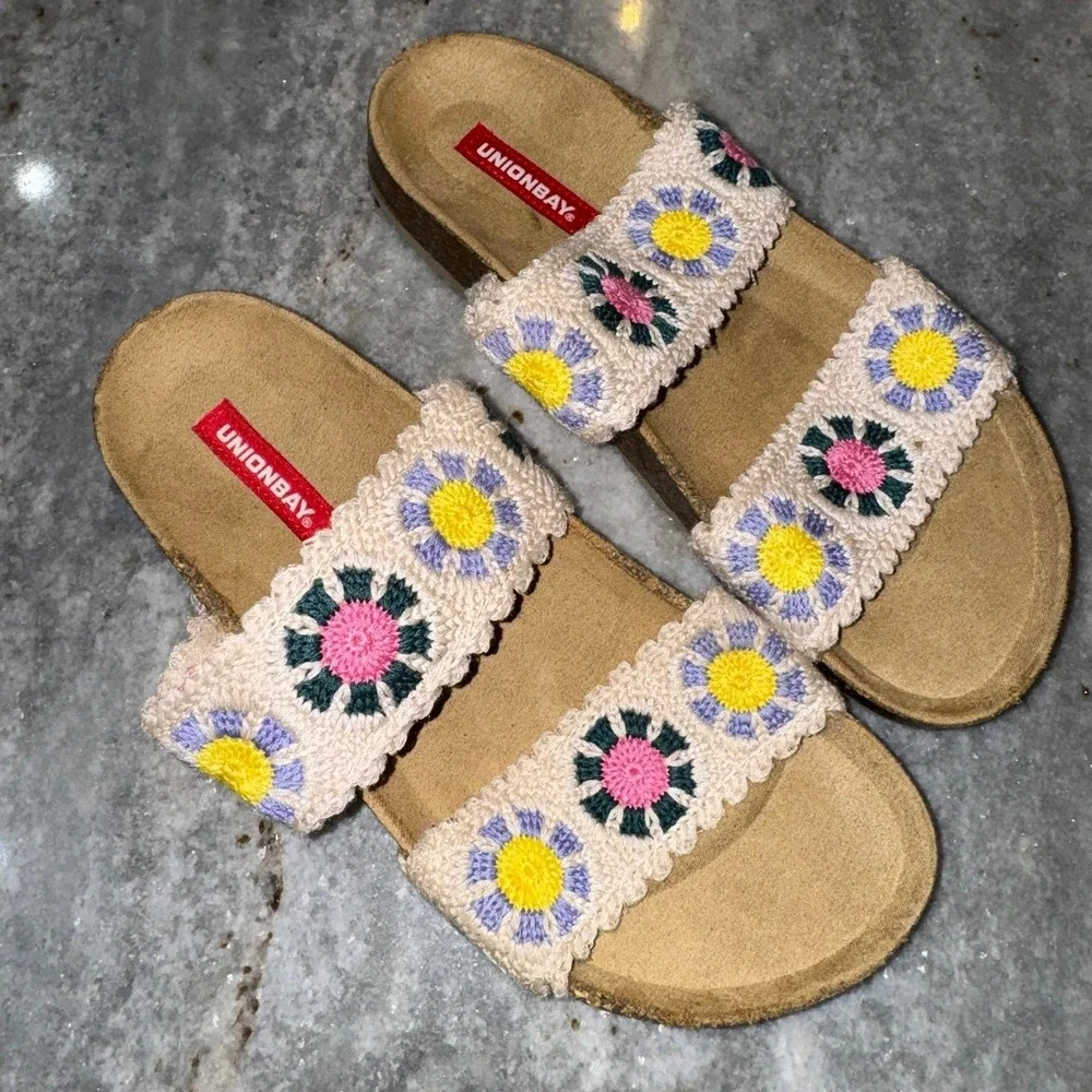 UnionBay Monica Sandal Slides 6.5 Women's Crochet Double Strap Slides Beach Boho